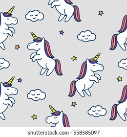 Vector seamless pattern of cute cartoon unicorns, stars and cloud, baby background.