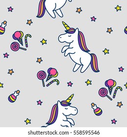 Vector seamless pattern of cute cartoon unicorns, stars,sweets, milk, sweet,baby background.