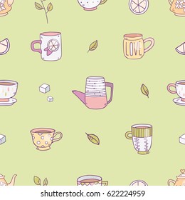 Vector seamless pattern of cute cartoon drawing teapots and cups