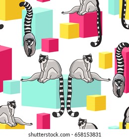 Vector seamless pattern with cute cartoon ring-tailed lemurs and pink, yellow and blue cubes on white background. Madagascar cats. 