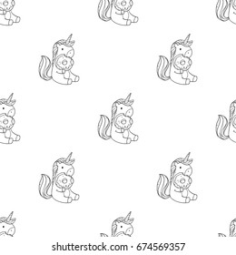 Vector seamless pattern with cute cartoon unicorn eating tasty donuts