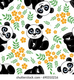 Vector seamless pattern with cute cartoon panda and flowers for kids. Background for design of textile, texture, fabric