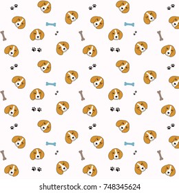 Vector seamless pattern with cute cartoon dog puppies with dog paw print and bone
