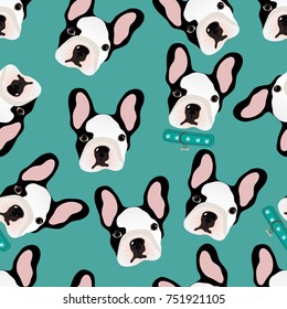 Vector seamless pattern with cute cartoon dog puppies. Can be used as a background, wallpaper, fabric and for other design.French Bulldog pattern