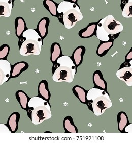 Vector seamless pattern with cute cartoon dog puppies.French Bulldog pattern