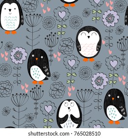 Vector seamless pattern with cute cartoon penguins