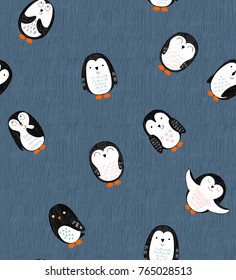 Vector seamless pattern with cute cartoon penguins