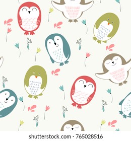 Vector seamless pattern with cute cartoon penguins
