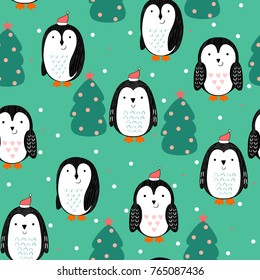 Vector seamless pattern with cute cartoon penguins