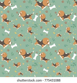 Vector seamless pattern with cute cartoon dog breed beagle with paws, leaves and bones. It can be print and used as wallpaper, packaging, wrapping paper, fabric and etc.Cartoon doodle style. 