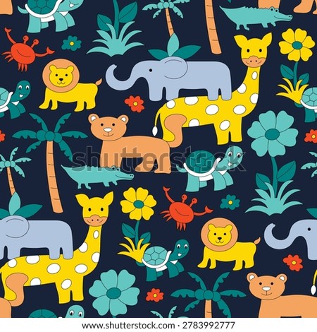 Vector seamless pattern with cute cartoon jungle animals. Colorful safari characters like elephant, giraffe, lion, turtle, crocodile and palm trees on dark background for kids fabric, nursery wallpaper, textile.