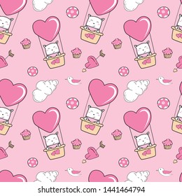 Vector seamless pattern with cute cat on the balloon. Pattern for fabric, baby clothes, background, textile, wrapping paper and other decoration.