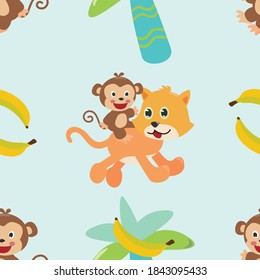 Vector seamless pattern with cute cat and monkey. Creative vector childish background for fabric, textile, nursery wallpaper, poster, card, brochure. Vector illustration background.