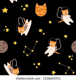 Vector seamless pattern with cute cat astronauts, constellation and planets. Funny background with cats in space among the stars.