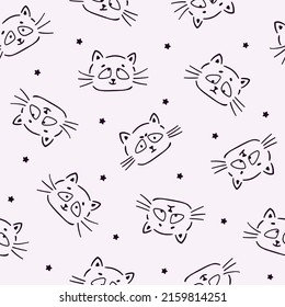 Vector seamless pattern with cute cat faces and stars. Doodle style.Handdrawn childish background. Design for kid textile,paper goods.