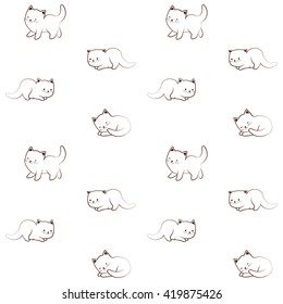 Vector seamless pattern of cute cat character. Outline cartoon, kitten sketch, funny decorative ornament. Animal childish design.