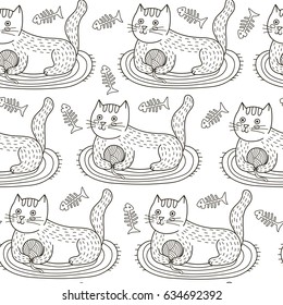 Vector seamless pattern with cute cat playing with a ball of yarn. Black and white print for coloring book and children design. Doodle funny kitten background