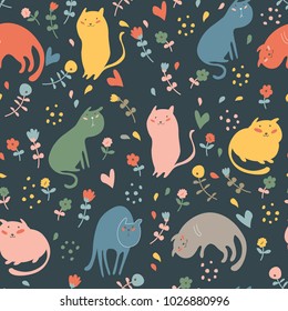 Vector Seamless pattern with cute cats and flowers