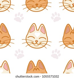 Vector seamless pattern with cute cat's muzzles and footprints on white background