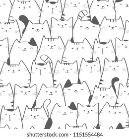 Vector seamless pattern with cute cats. Doodle art. Cat seamless hand drawn background