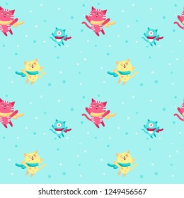 Vector seamless pattern with cute cats wearing warm scarves. Winter holidays background, wallpaper, fabric, wrapping paper.