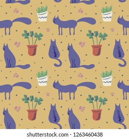 Vector seamless pattern with cute cats in soft colors on a yellow background, great for polygraphy or textile design.Flat,hand drawn