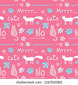 Vector seamless pattern with cute cats in soft colors on a pink  background, great for polygraphy or textile design.Flat,hand drawn