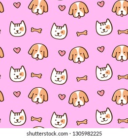 Vector seamless pattern with cute cats and dogs on a pink background. Fashionable fabric design.