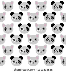 Vector seamless pattern with cute cats and pandas on white background