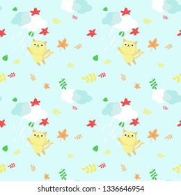 Vector seamless pattern with cute cats having fun under rain, autumn leaves. Funny autumn cats background, wallpaper, fabric, wrapping paper.