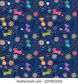 Vector seamless pattern with cute cats and flowers in colorful modern style