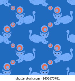 Vector seamless pattern with cute cats.
Cartoon cats playing with balls.
Vector design of tile, carpet, tablecloth fabric, cushion, pillow, bags, cover.