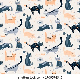 Vector seamless pattern with cute cats in simple flat style. Creative childish endless background for fabric, textile, wrapping paper