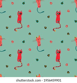 Vector seamless pattern with cute cats in the Scandinavian style on a colored background. Children's illustration for pajamas, posters, postcards, toys, clothing