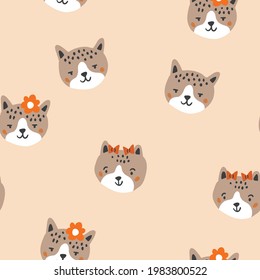 Vector seamless pattern with cute cats faces, flowers on beige background. Cute animal pattern design, perfect for t shirt, textile design for kids. Spring minimalistic pattern