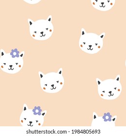 Vector seamless pattern with cute cats faces, flowers on beige background. Cute animal pattern design, perfect for t shirt, textile design for kids. Spring minimalistic pattern