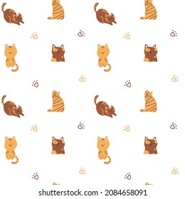 Vector seamless pattern with cute cats in doodle style.