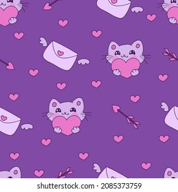 Vector seamless pattern with cute cats, a heart and a letter for Valentine's Day. Children's background for printing on fabric, postcards, gift paper, scrapbooking, wallpaper, notebooks, phone cases