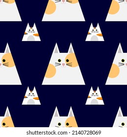 Vector Seamless pattern of Cute Cats in geometric shape on blue background