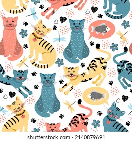 Vector seamless pattern with cute cats. Modern background with funny kittens, dragonflies, fish, flowers and hearts. Repeating template with animal tracks. Wallpaper with pets for children's textiles