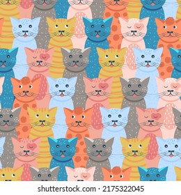 Vector seamless pattern with cute cats. Modern bright background with funny kittens and hearts. Repeating pattern with pets for baby textiles and wrapping paper, clothes.