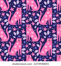 vector seamless pattern with cute cats and flowers on purple background, adorable textile design for children