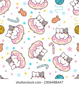 Vector seamless pattern with cute cats in donuts in the style of kawaii. Sweet cats, balls of thread and fish crackers. Ideal for textiles, fabrics, packaging, wrapping paper