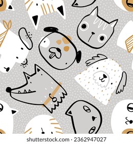 Vector seamless pattern with cute cats and dogs on gray background. Pets. Kitten, puppy. Creative kids texture for fabric, wrapping, textile, wallpaper. Cartoon funny hand-drawn animals.