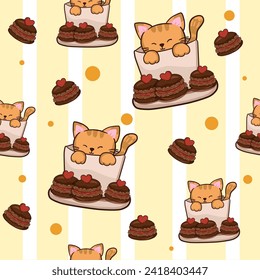 Vector seamless pattern cute  cats with chocolate macaron and heart , yellow baclground ,paper wrap cartoon style. 