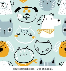 Patrón sin costuras de Vector con lindos gatos y perros sobre fondo azul. Mascotas. Gatito, cachorro. Textura creativa de los niños para la tela, envoltura, textil, Fondo de pantalla. Dibujos animados divertidos animales dibujados a mano.