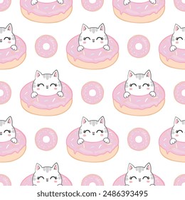 Vector seamless pattern with cute cats in donuts in the style of kawaii. Sweet cats Ideal for textiles, fabrics, packaging, wrapping paper