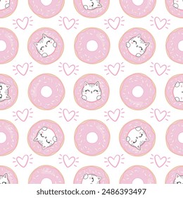 Vector seamless pattern with cute cats in donuts in the style of kawaii. Sweet cats Ideal for textiles, fabrics, packaging, wrapping paper