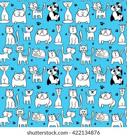 Vector seamless pattern with cute cats. Animal character cat muzzle and backdrop with feline cat and footprint illustration