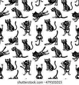 vector seamless pattern with cute cats in monochrome color palette, Halloween theme print